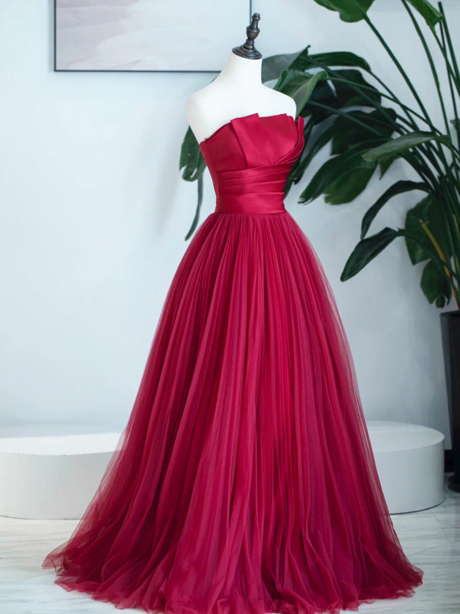 Burgundy Strapless Tulle Prom Dress, Burgundy Long Formal Dress nv1584