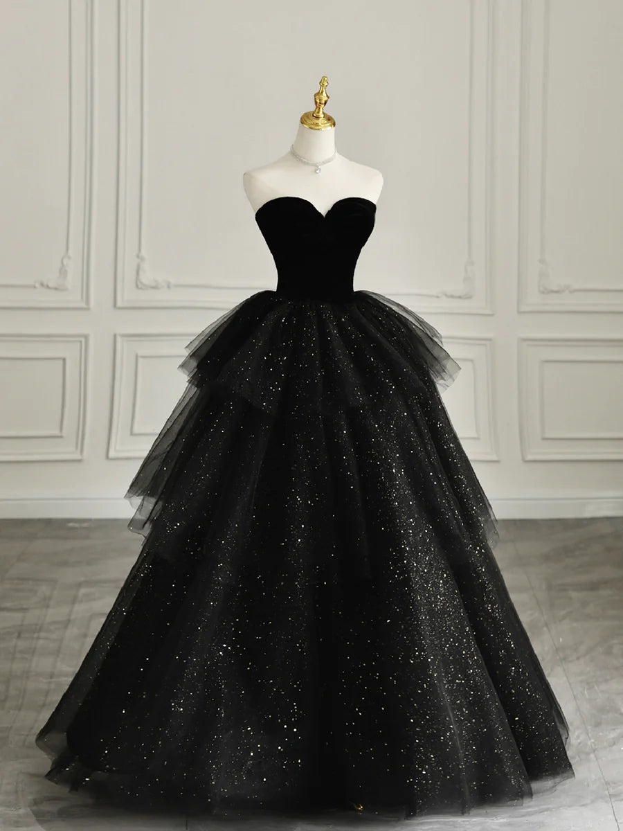Black Strapless Tulle Formal Dress with Velvet, A-Line Sweetheart Neck Long Prom Dress nv1539