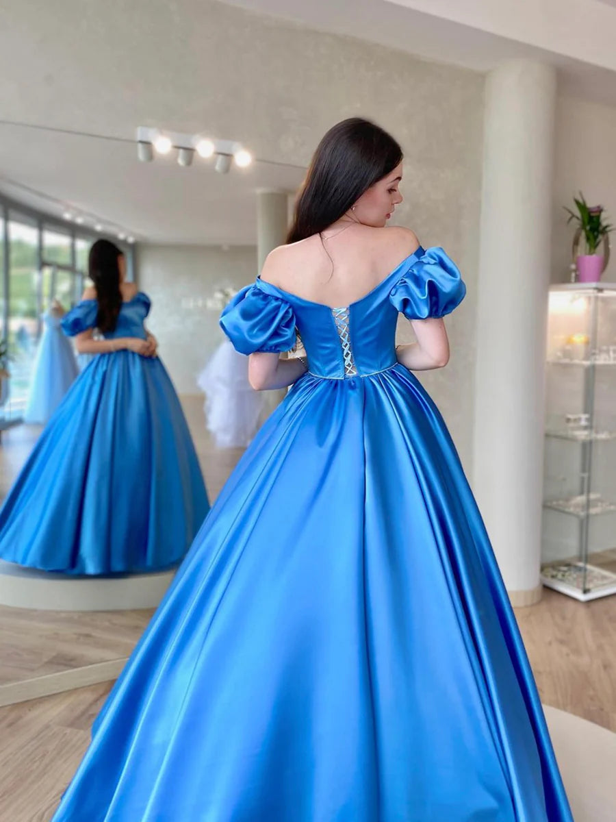 Robe de bal longue en satin bleu, robe de soirée trapèze à manches courtes nv1583