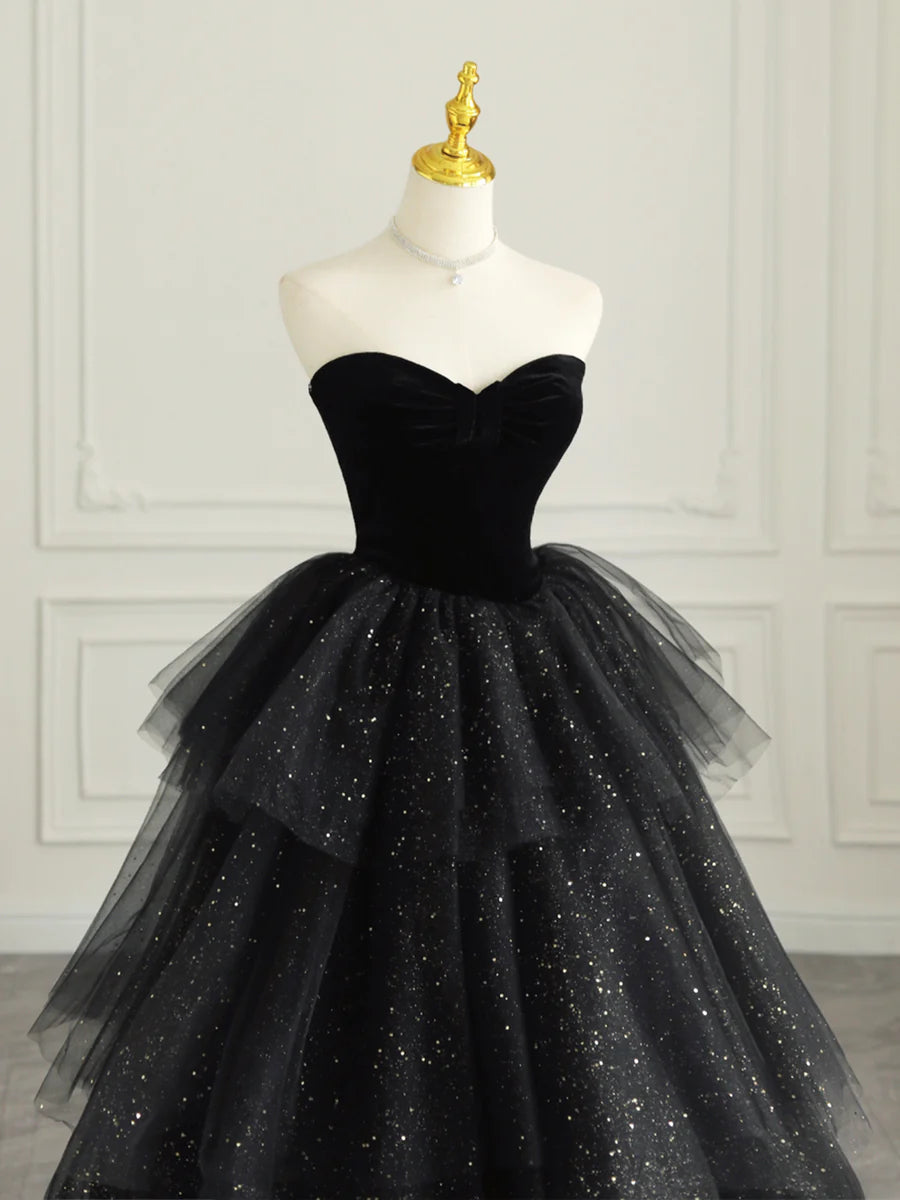 Black Strapless Tulle Formal Dress with Velvet, A-Line Sweetheart Neck Long Prom Dress nv1539