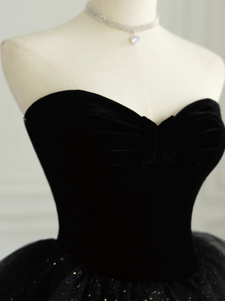 Black Strapless Tulle Formal Dress with Velvet, A-Line Sweetheart Neck Long Prom Dress nv1539