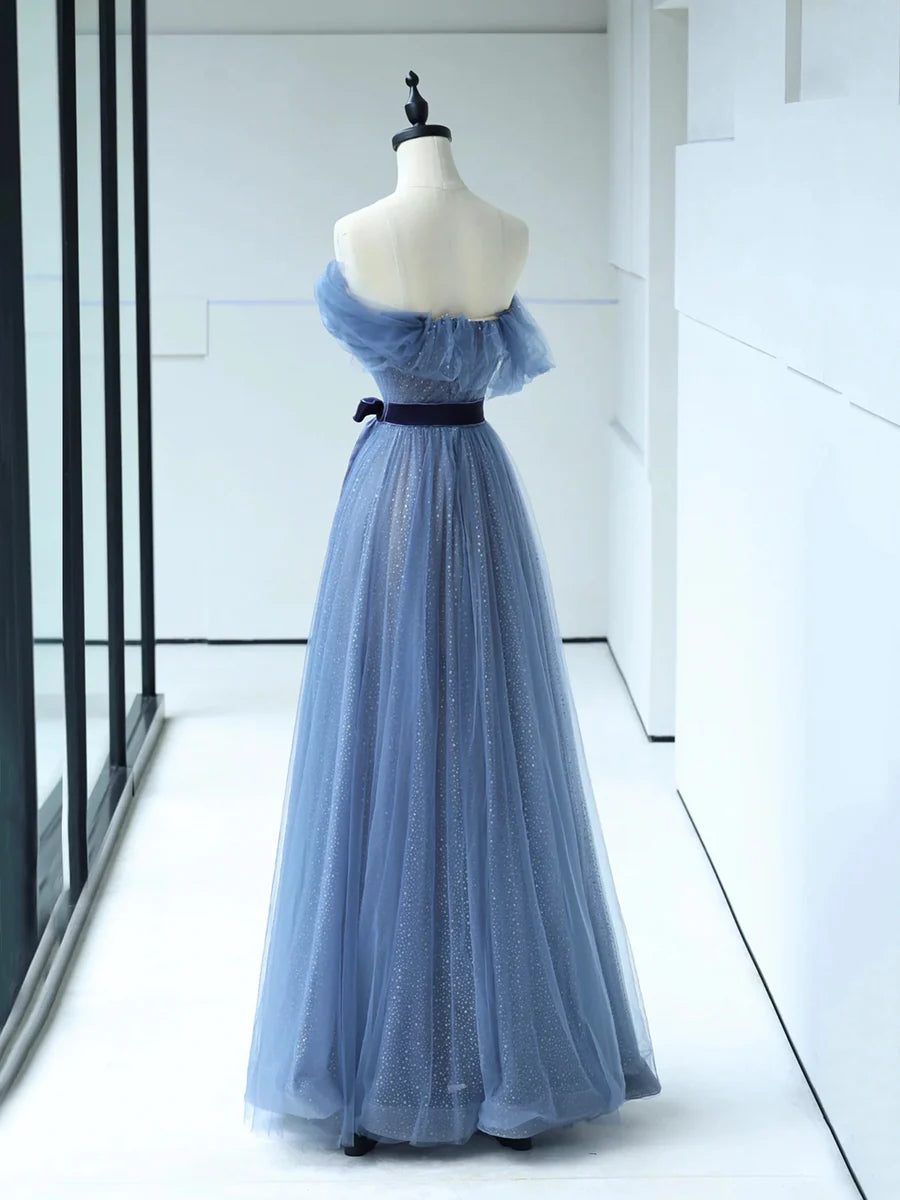 Strapless Tulle Blue Floor Length Prom Dress, A-Line Blue Evening Party Dress nv1427