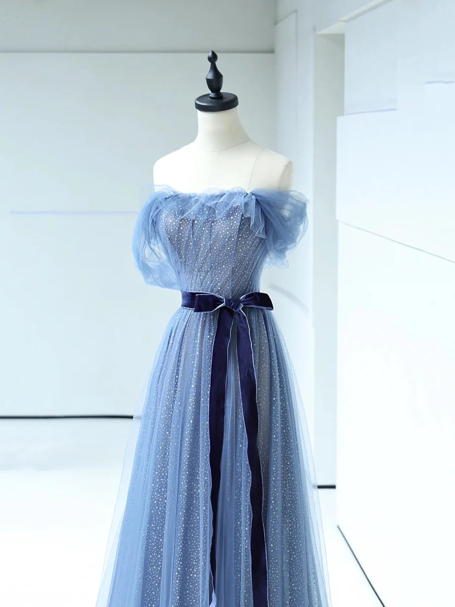 Strapless Tulle Blue Floor Length Prom Dress, A-Line Blue Evening Party Dress nv1427