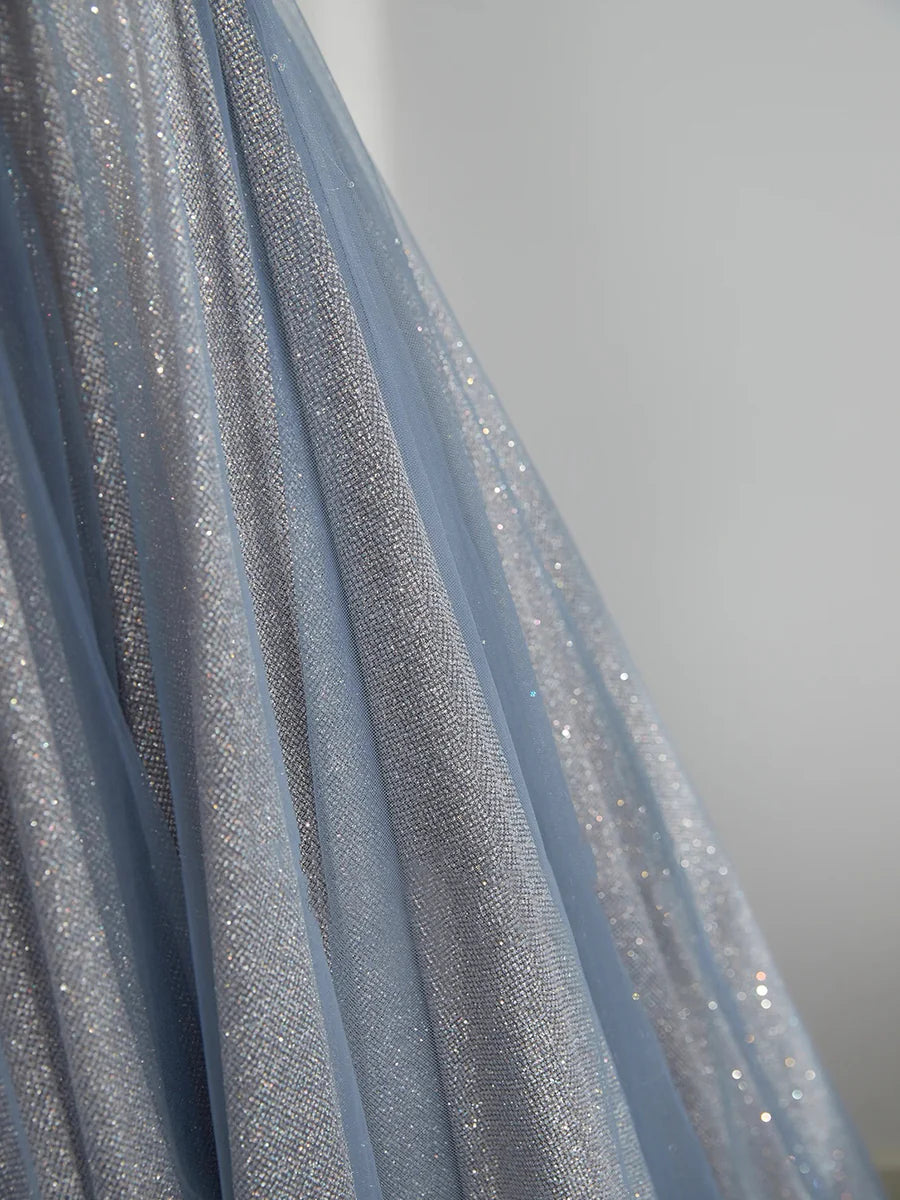 Blue Tulle Long Prom Dress, A-Line Off the Shoulder Blue Evening Party Dress nv1422