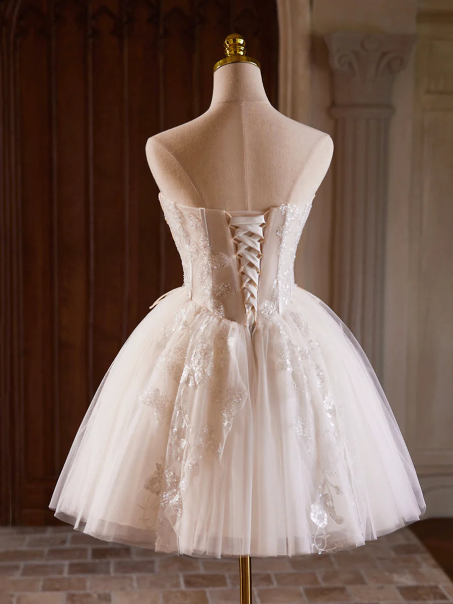 Champagne Strapless Tulle Sequins Short Prom Dress, Lovely Sweetheart Homecoming Party Dress nv1419
