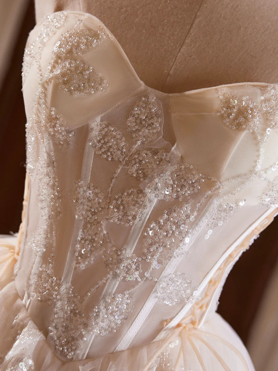 Champagne Strapless Tulle Sequins Short Prom Dress, Lovely Sweetheart Homecoming Party Dress nv1419
