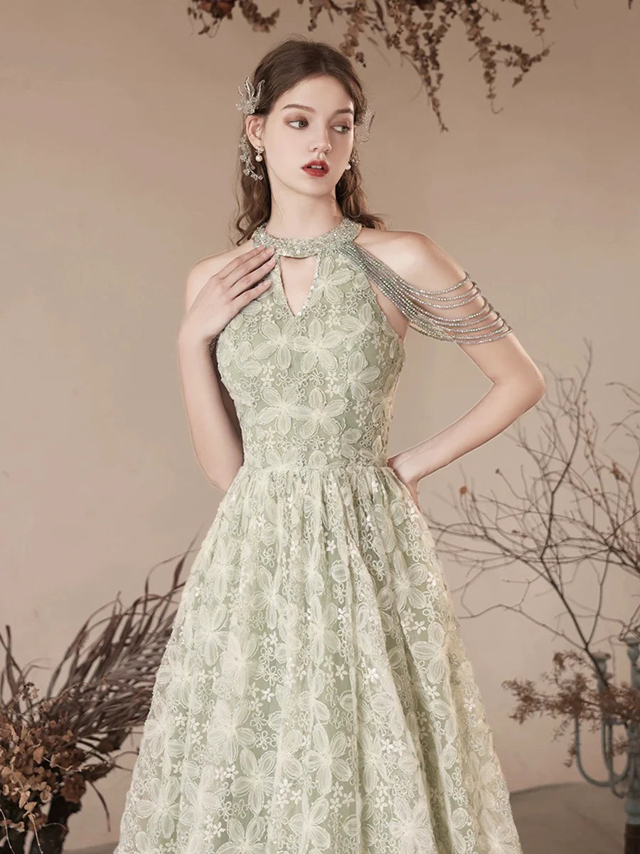Cute Tulle Flower Floor Length Green Prom Dress, Beautiful Backless A-Line Evening Party Dress nv1414