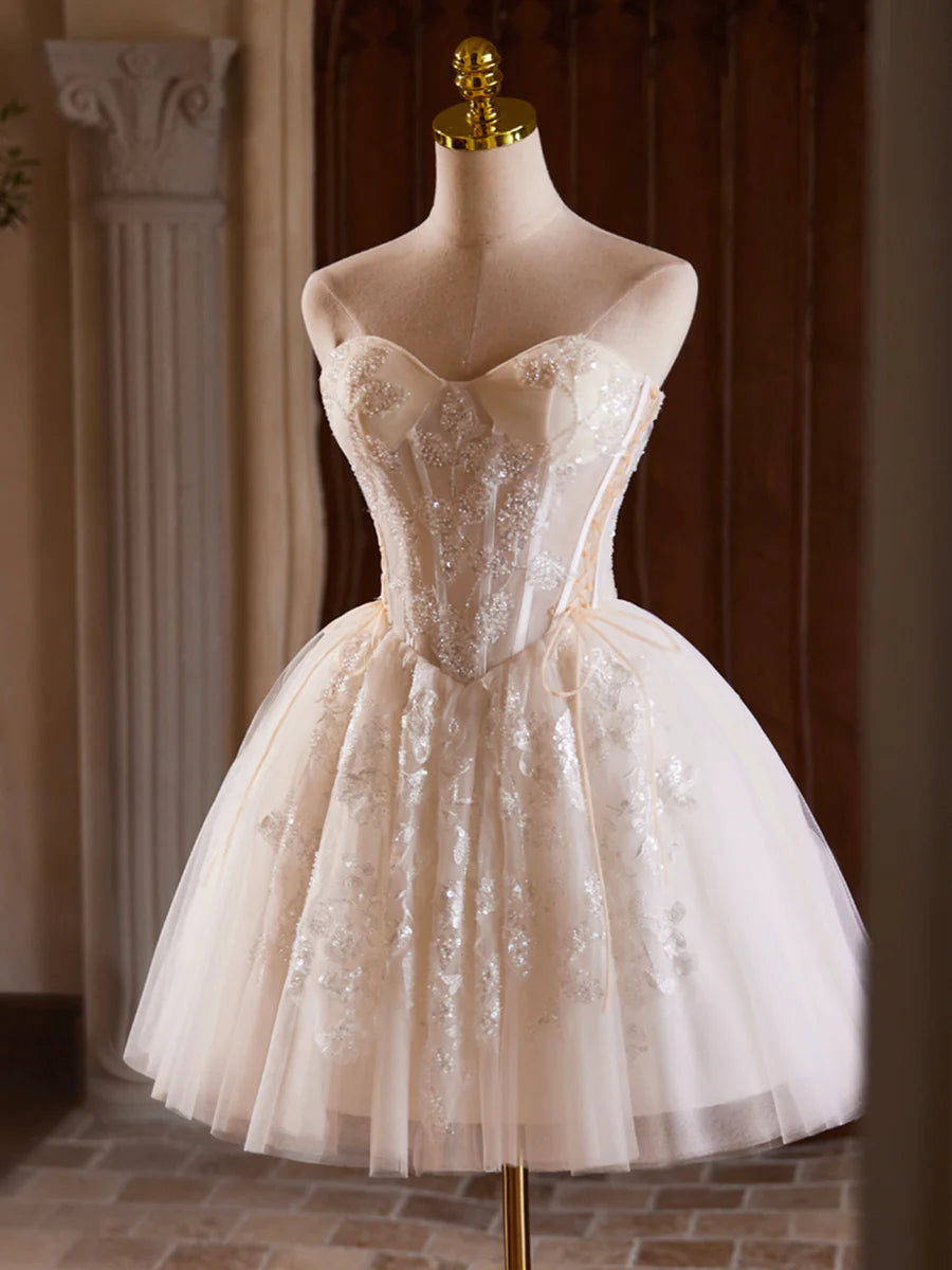 Champagne Strapless Tulle Sequins Short Prom Dress, Lovely Sweetheart Homecoming Party Dress nv1419
