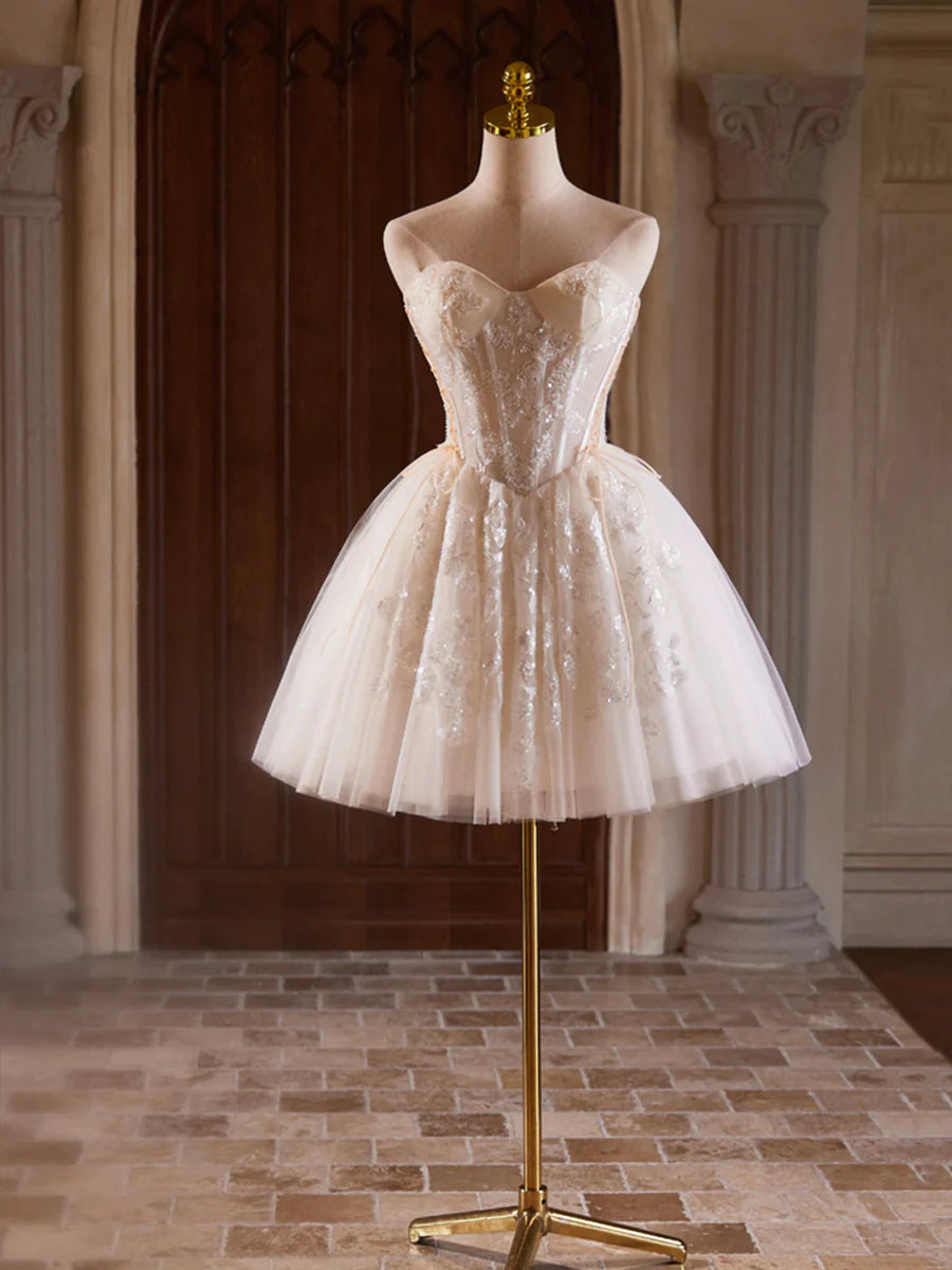 Champagne Strapless Tulle Sequins Short Prom Dress, Lovely Sweetheart Homecoming Party Dress nv1419