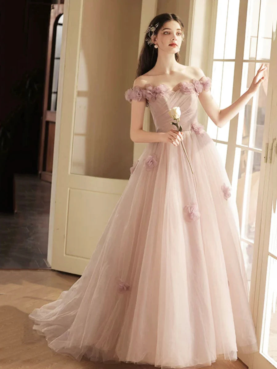 Beautiful Tulle Long Prom Dress with Flowers, A-Line Off the Shoulder Evening Party Dress nv1693