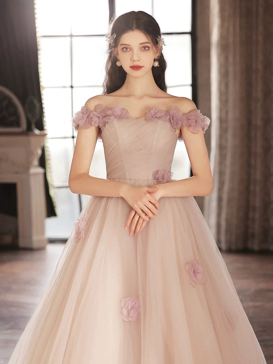 Beautiful Tulle Long Prom Dress with Flowers, A-Line Off the Shoulder Evening Party Dress nv1693