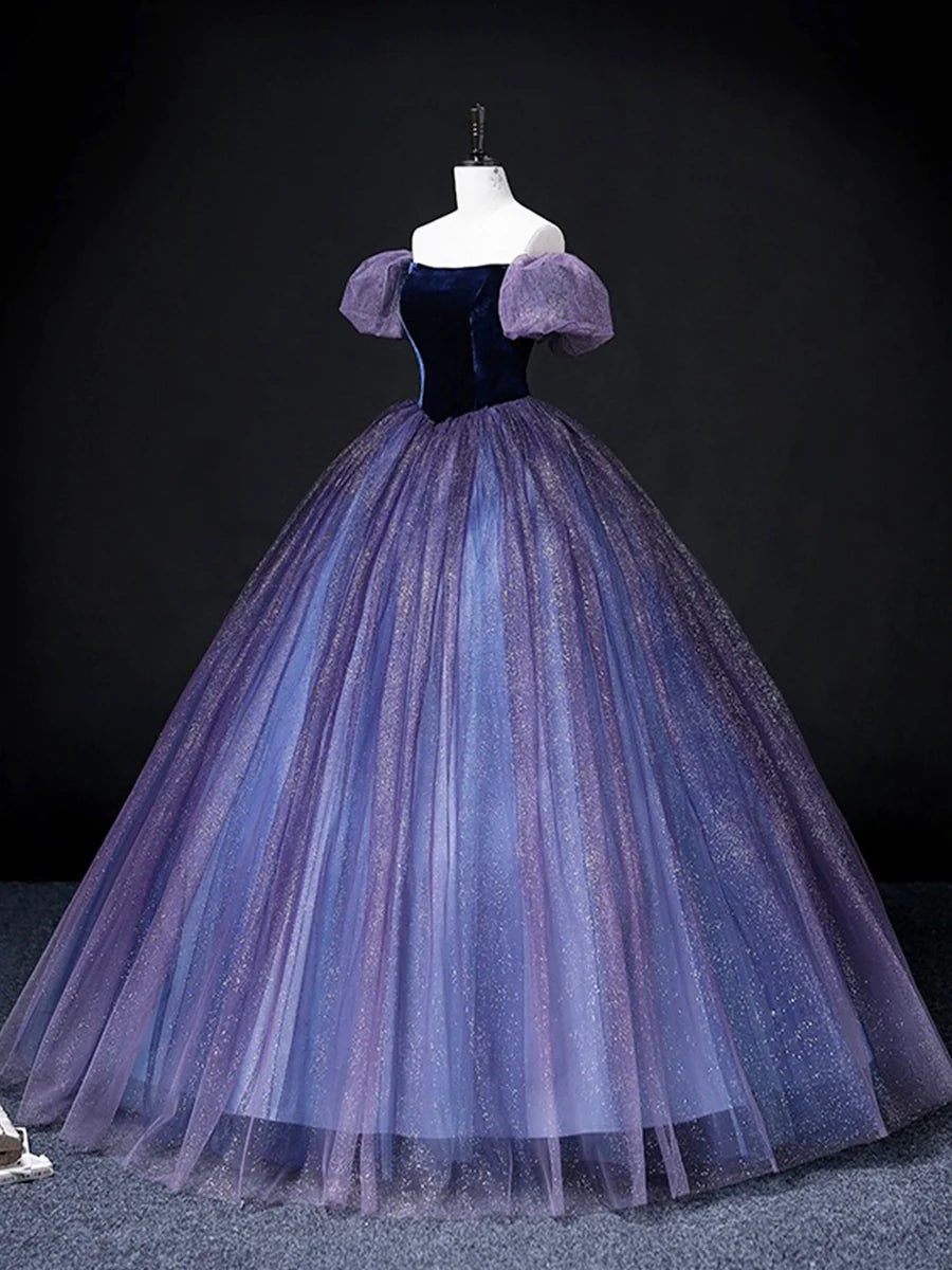 Beautiful Velvet Tulle Long Prom Dress, Purple A-line Party Dress sweet 16 Dress nv1421
