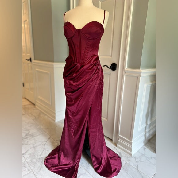 Burgundy elegant fashion new arrival exquisite corset long satin floor-length sexy slit ball gown evening dress party dress nv3647