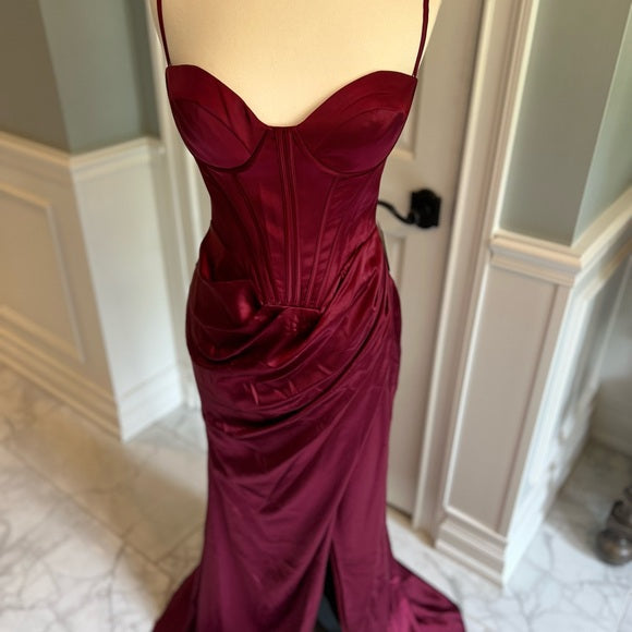 Burgundy elegant fashion new arrival exquisite corset long satin floor-length sexy slit ball gown evening dress party dress nv3647
