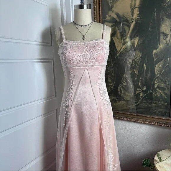 Peach Pink Vintage Fashion Exquisite Beading Elegant Spaghetti Strap Long Satin Ball Gown Evening Dress Party Dress Prom Dress nv3772