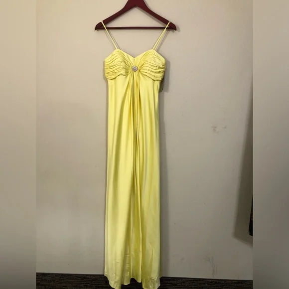 Yellow solid color fashion elegant sleeveless long satin floor length ball gown evening dress party dress nv3721