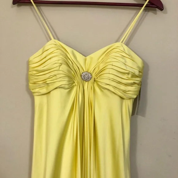 Yellow solid color fashion elegant sleeveless long satin floor length ball gown evening dress party dress nv3721