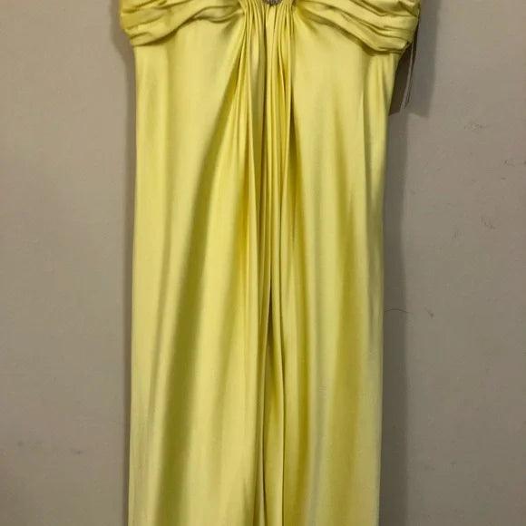 Yellow solid color fashion elegant sleeveless long satin floor length ball gown evening dress party dress nv3721