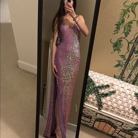 Pink Sparkly Elegant Fashion V-neck Long Sequined Ball Gown Evening Dress Birthday Party Dress Prom Dress nv3840