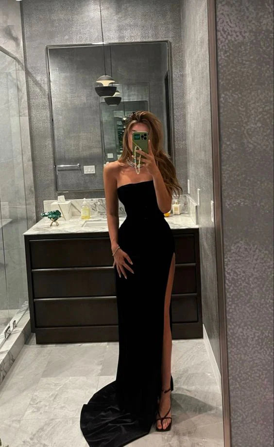 Robe de soirée longue en satin à coupe slim et queue de poisson noire élégante et tendance nv88