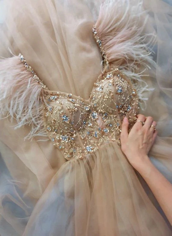Robe de soirée élégante en tulle, magnifique, scintillante, exquise, longue et élégante, couleur champagne doré, robe de bal formelle, robe de soirée, nv65