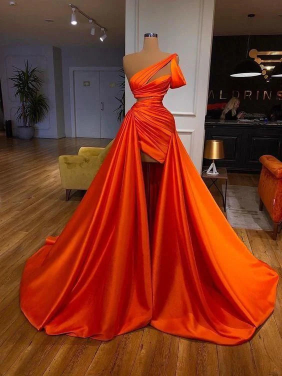 Robe de soirée élégante longue en satin orange magnifique nv83