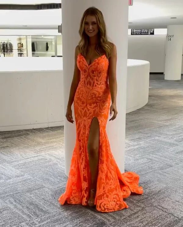 Orange fashion unique V-neck dress long lace mermaid slim fit slit ball gown evening dress nv120