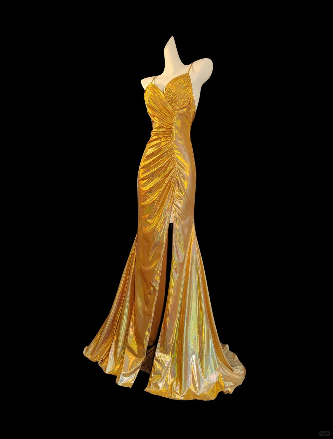 Vintage gold elegant spaghetti strap slit sexy long satin prom dress evening dress nv5233