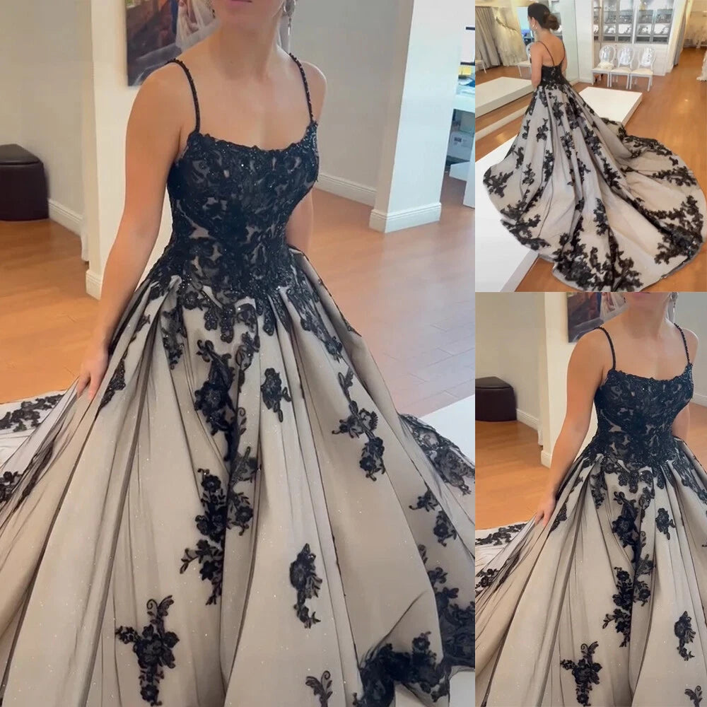 Robe de soirée spectaculaire en dentelle foncée gris-noir dégradé | Traîne en tulle pailleté, sans bretelles/à fines bretelles | NV6323