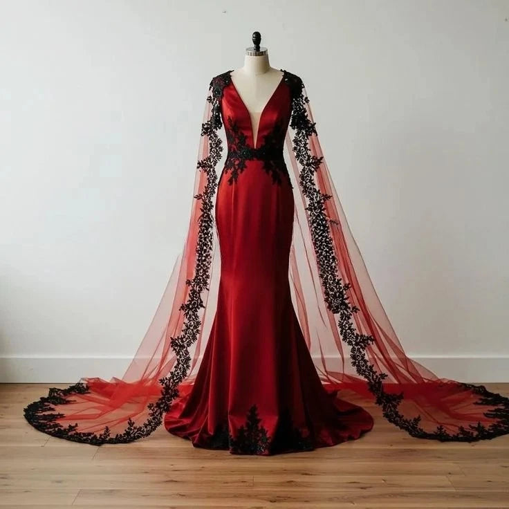 Robe sirène en satin bordeaux à décolleté plongeant et dentelle noire, modèle NV6227