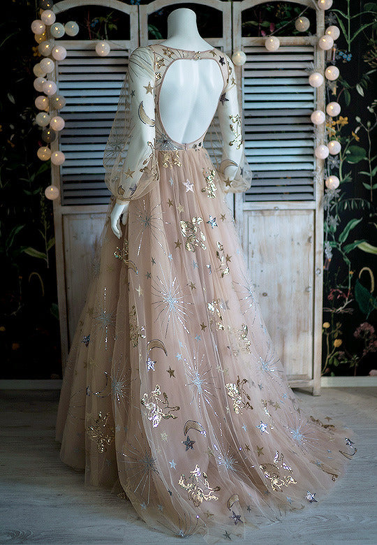 Light-Colored, Exquisite, Elegant, And Fashionable Long Tulle Ball Gown With Star-Patterned Long Sleeves NV6875