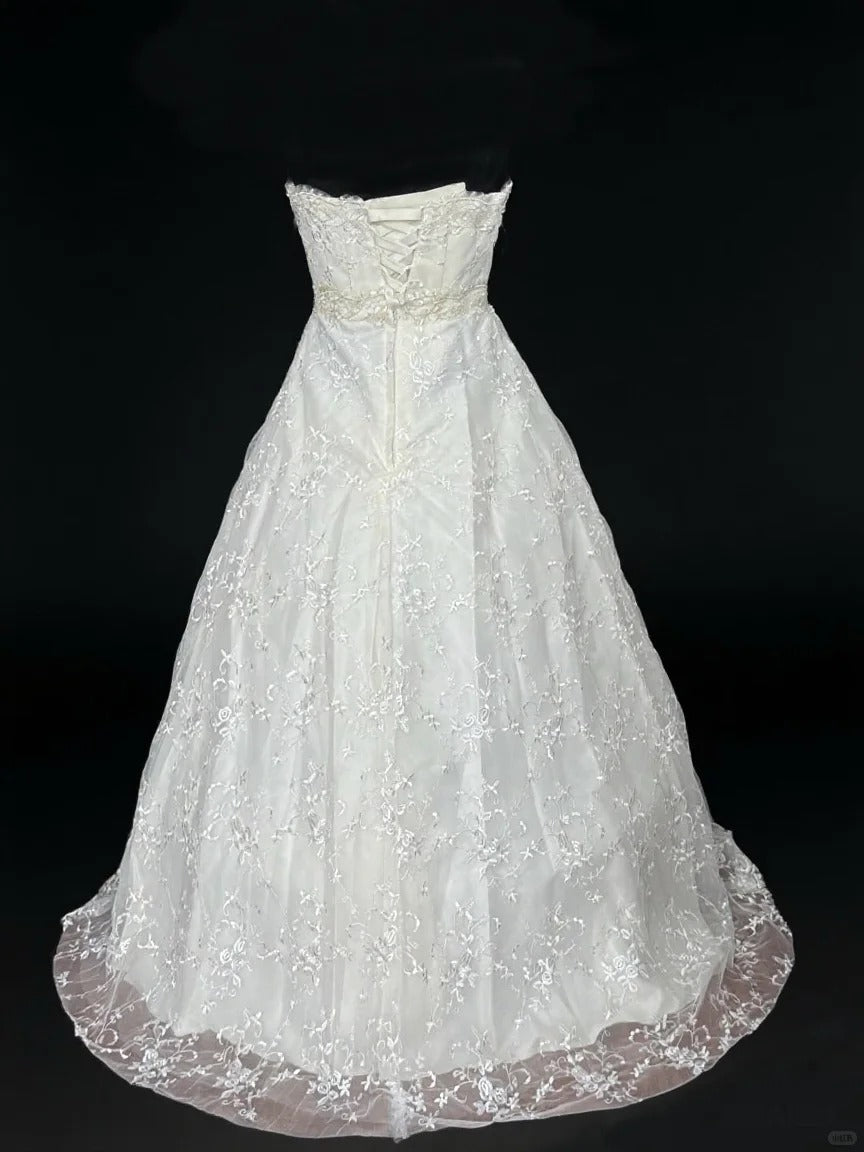 White floral elegant long lace tulle ball gown evening dress nv4919