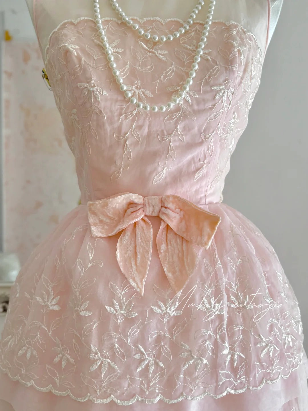 Pink retro cute fashion elegant embroidered flower bud dress long waist tulle velvet bow embellishment cake skirt ball dress evening dress prom dress nv4087