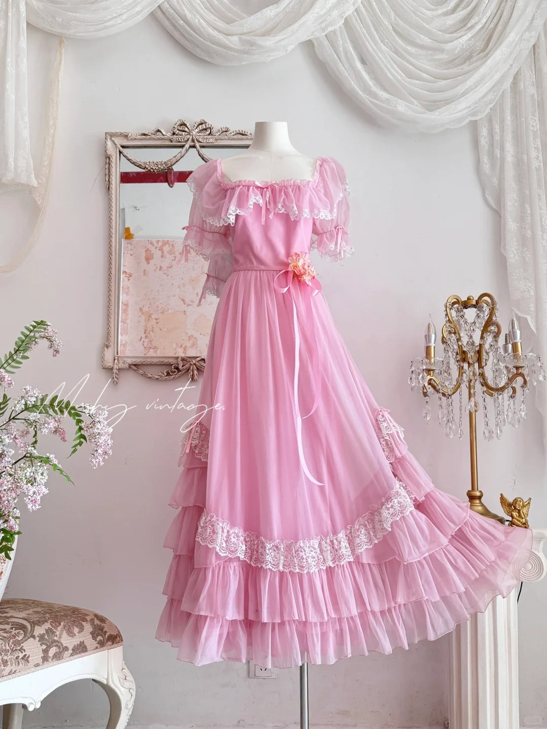 Pink Retro Sweet Cute Fashion Exquisite Lace Bow Puff Sleeve Ruffle Princess Dress Long Tulle Chiffon Ball Dress Evening Dress Birthday Adult Ceremony Party Dress nv4090
