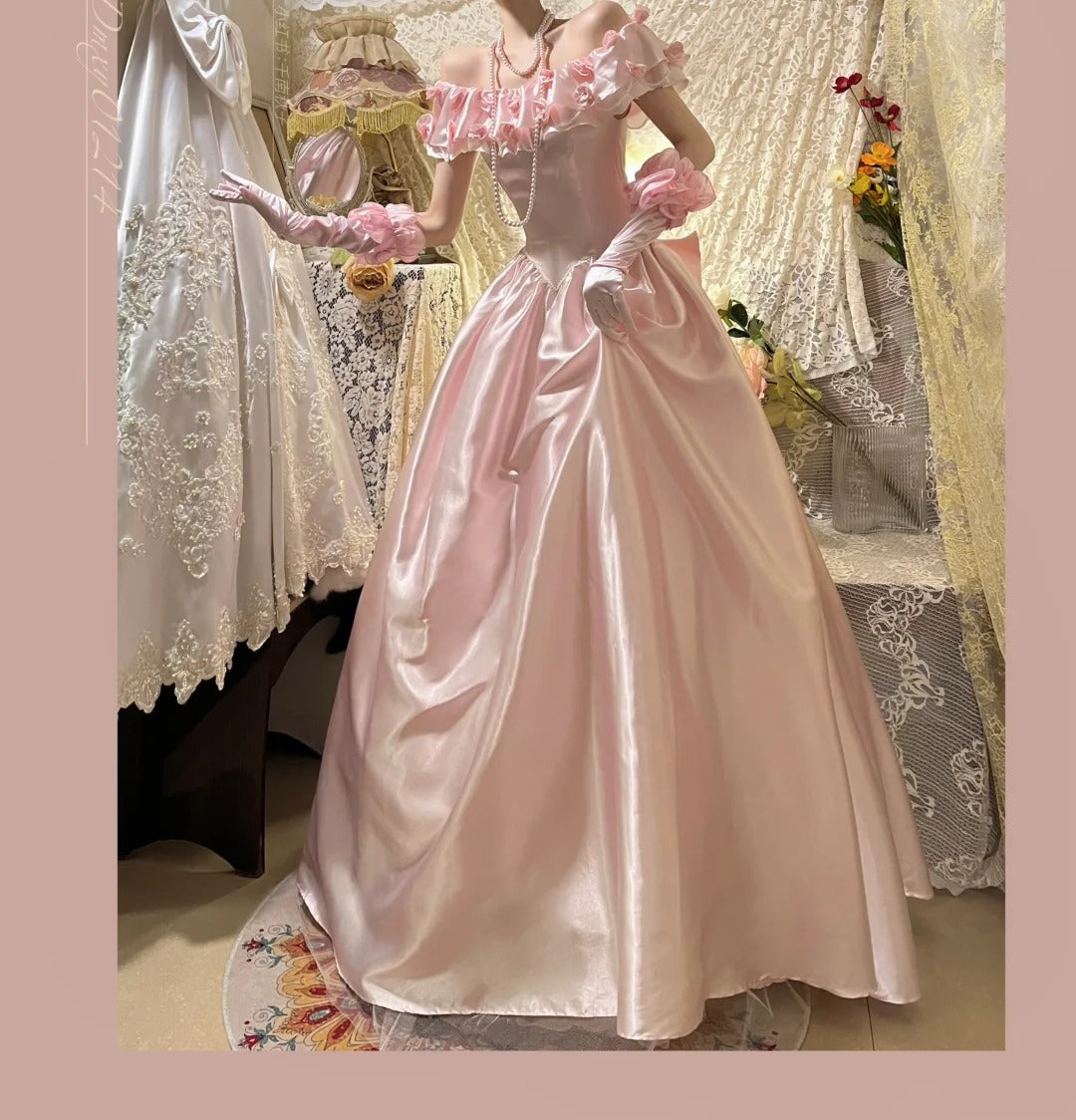 Pink Elegant Sweet Exquisite Vintage Floral Long Satin Ball Gown Evening Gown Party Dress Wedding Dress nv4144