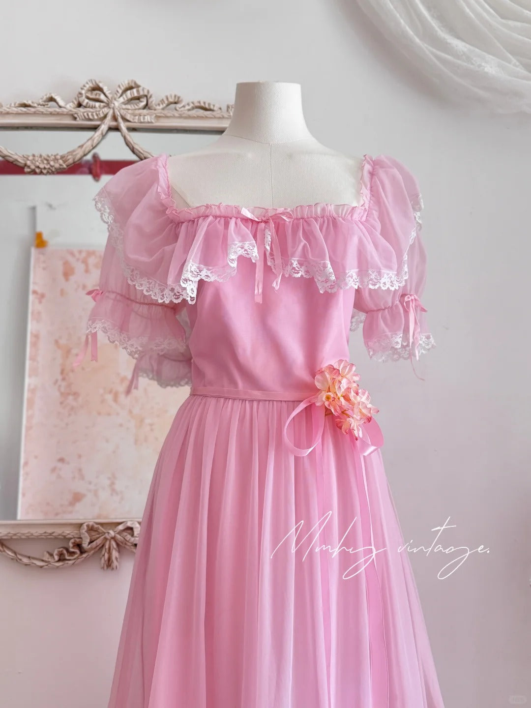 Pink Retro Sweet Cute Fashion Exquisite Lace Bow Puff Sleeve Ruffle Princess Dress Long Tulle Chiffon Ball Dress Evening Dress Birthday Adult Ceremony Party Dress nv4090