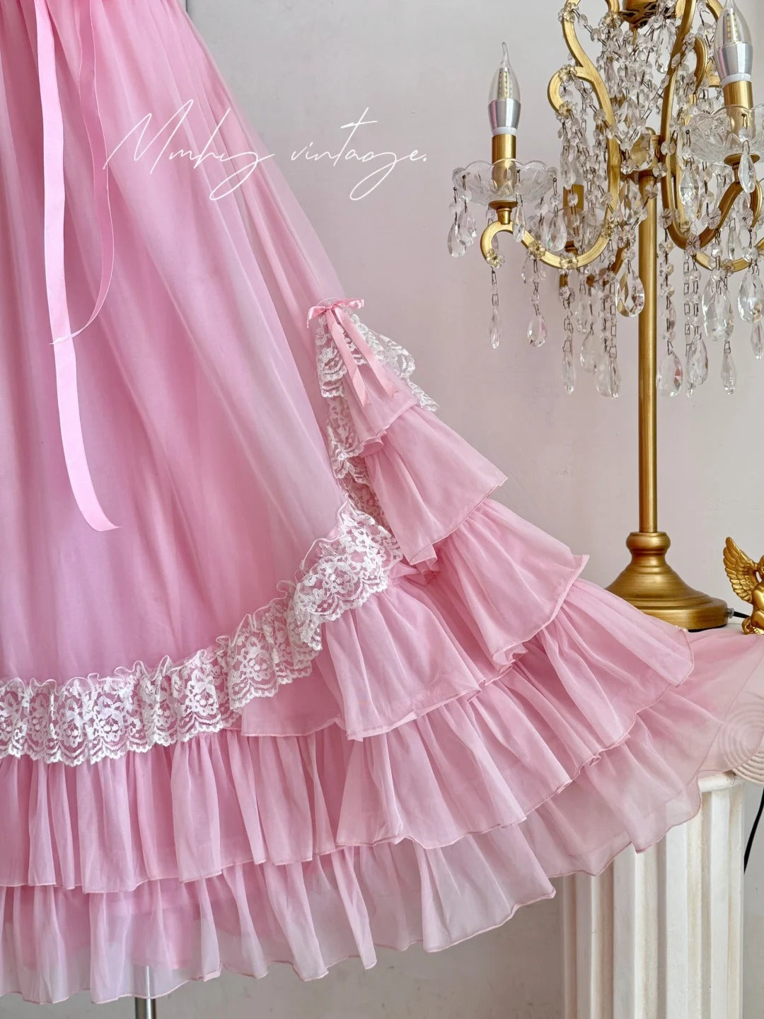 Pink Retro Sweet Cute Fashion Exquisite Lace Bow Puff Sleeve Ruffle Princess Dress Long Tulle Chiffon Ball Dress Evening Dress Birthday Adult Ceremony Party Dress nv4090