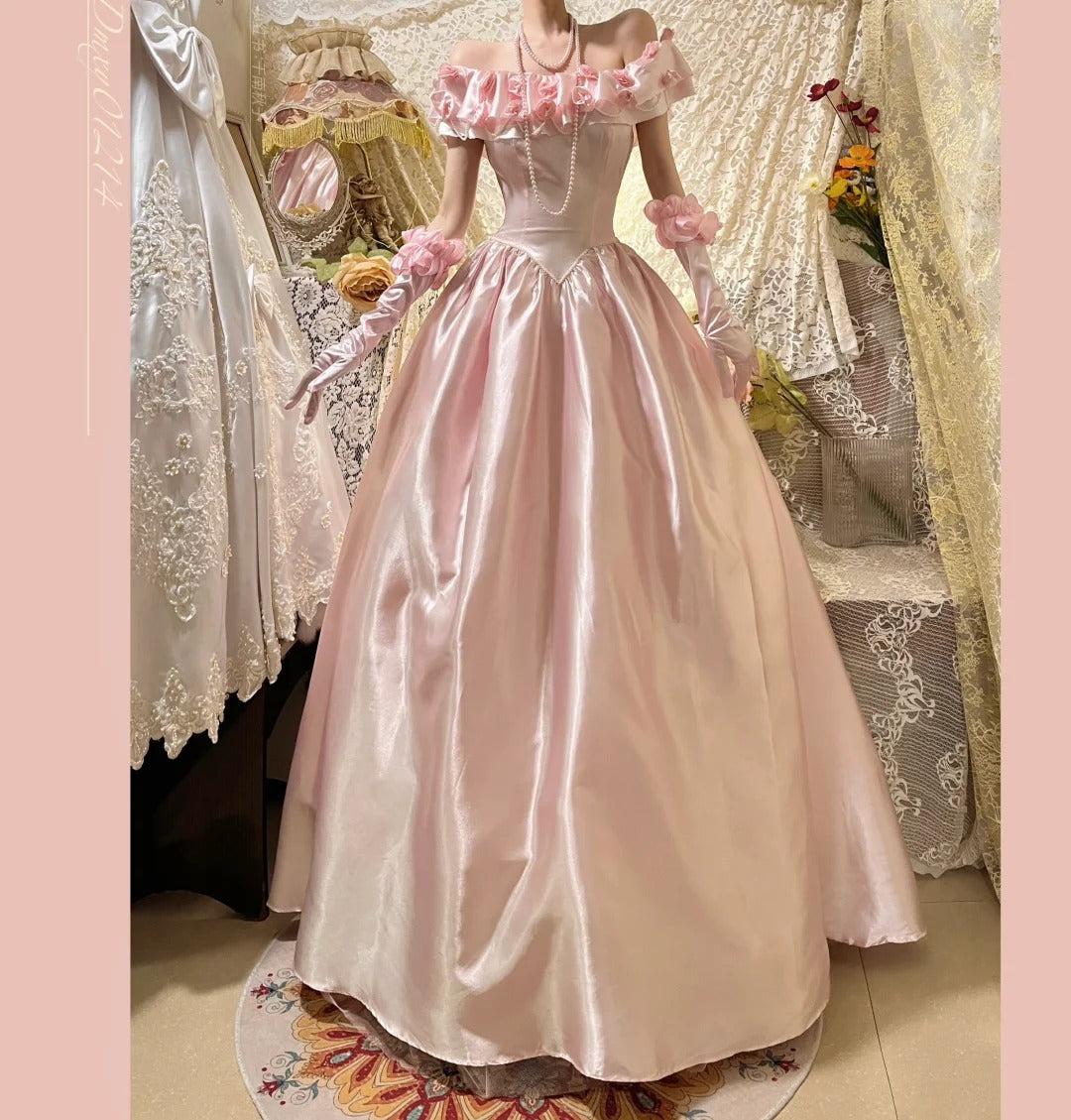 Pink Elegant Sweet Exquisite Vintage Floral Long Satin Ball Gown Evening Gown Party Dress Wedding Dress nv4144