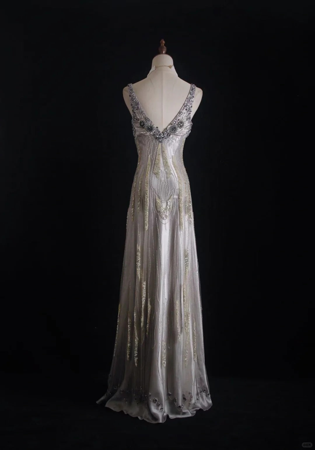 Silver tulle beaded, shiny and gorgeous, Galaxy Heavy Vintage double-shouldered Gatsby-style dress, ball gown, evening gown, party dress nv5207