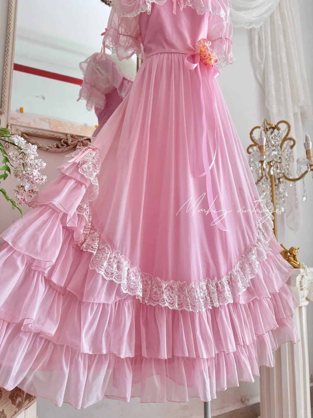 Pink Retro Sweet Cute Fashion Exquisite Lace Bow Puff Sleeve Ruffle Princess Dress Long Tulle Chiffon Ball Dress Evening Dress Birthday Adult Ceremony Party Dress nv4090