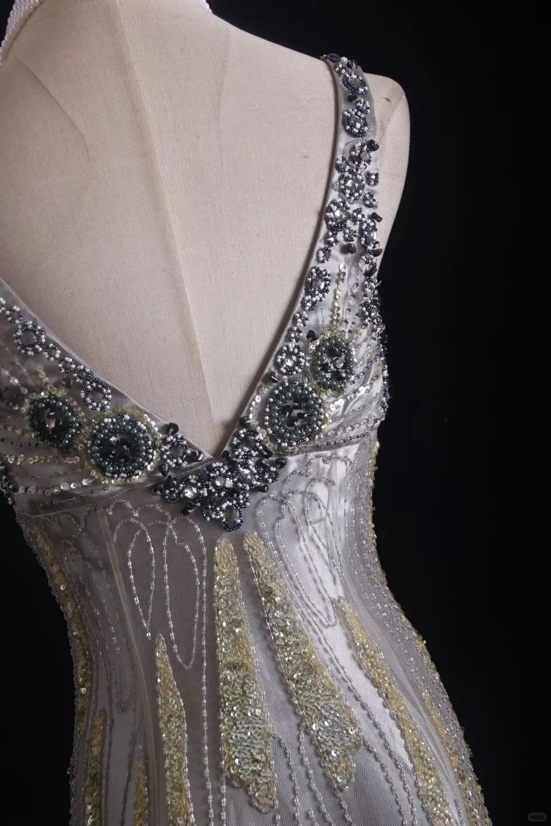 Silver tulle beaded, shiny and gorgeous, Galaxy Heavy Vintage double-shouldered Gatsby-style dress, ball gown, evening gown, party dress nv5207