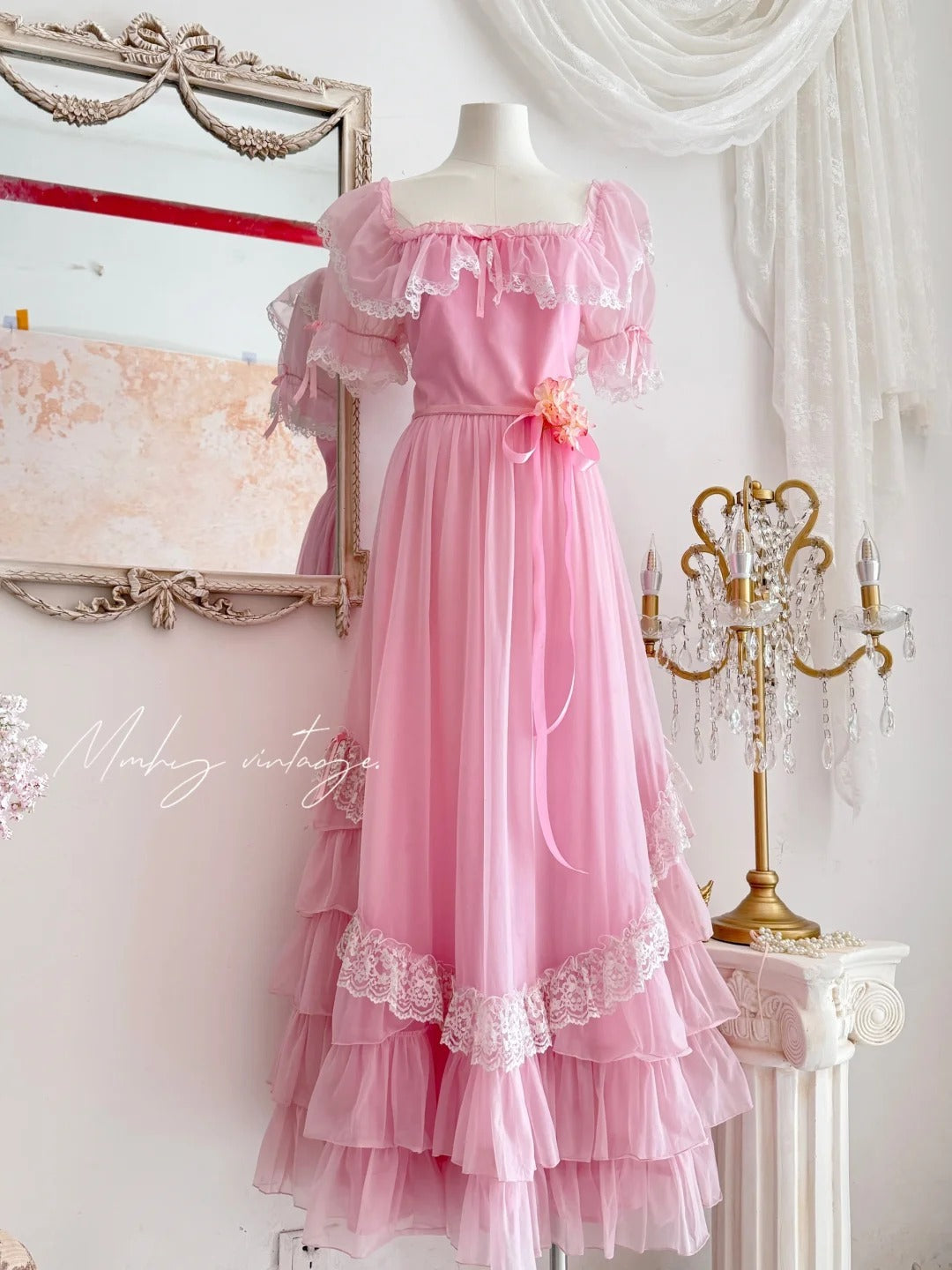 Pink Retro Sweet Cute Fashion Exquisite Lace Bow Puff Sleeve Ruffle Princess Dress Long Tulle Chiffon Ball Dress Evening Dress Birthday Adult Ceremony Party Dress nv4090