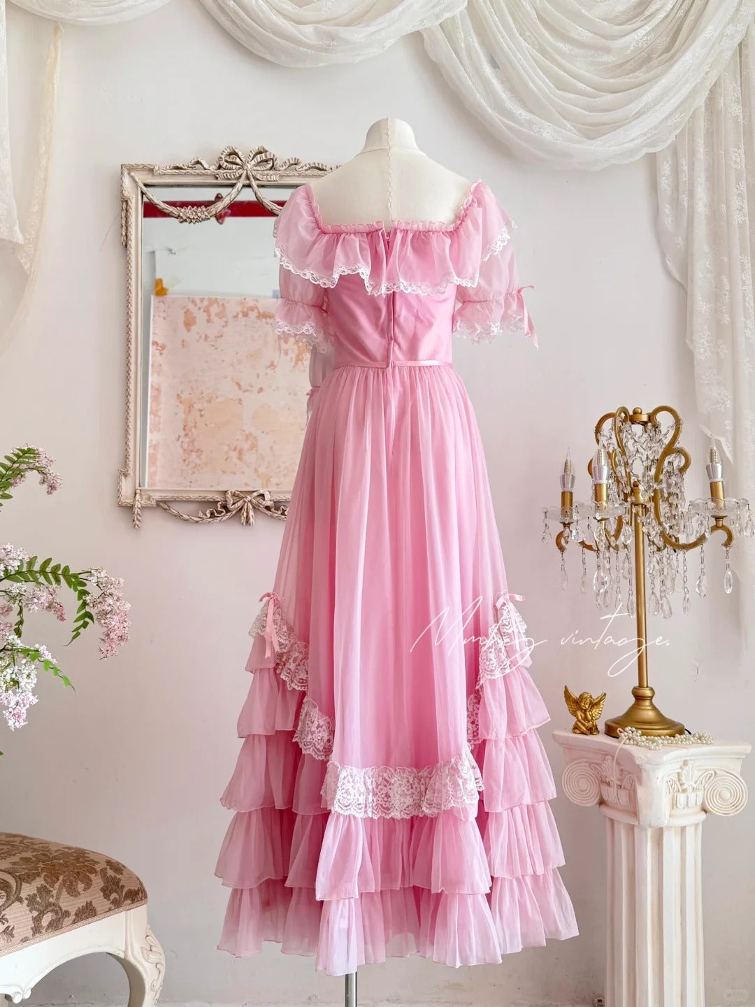 Pink Retro Sweet Cute Fashion Exquisite Lace Bow Puff Sleeve Ruffle Princess Dress Long Tulle Chiffon Ball Dress Evening Dress Birthday Adult Ceremony Party Dress nv4090