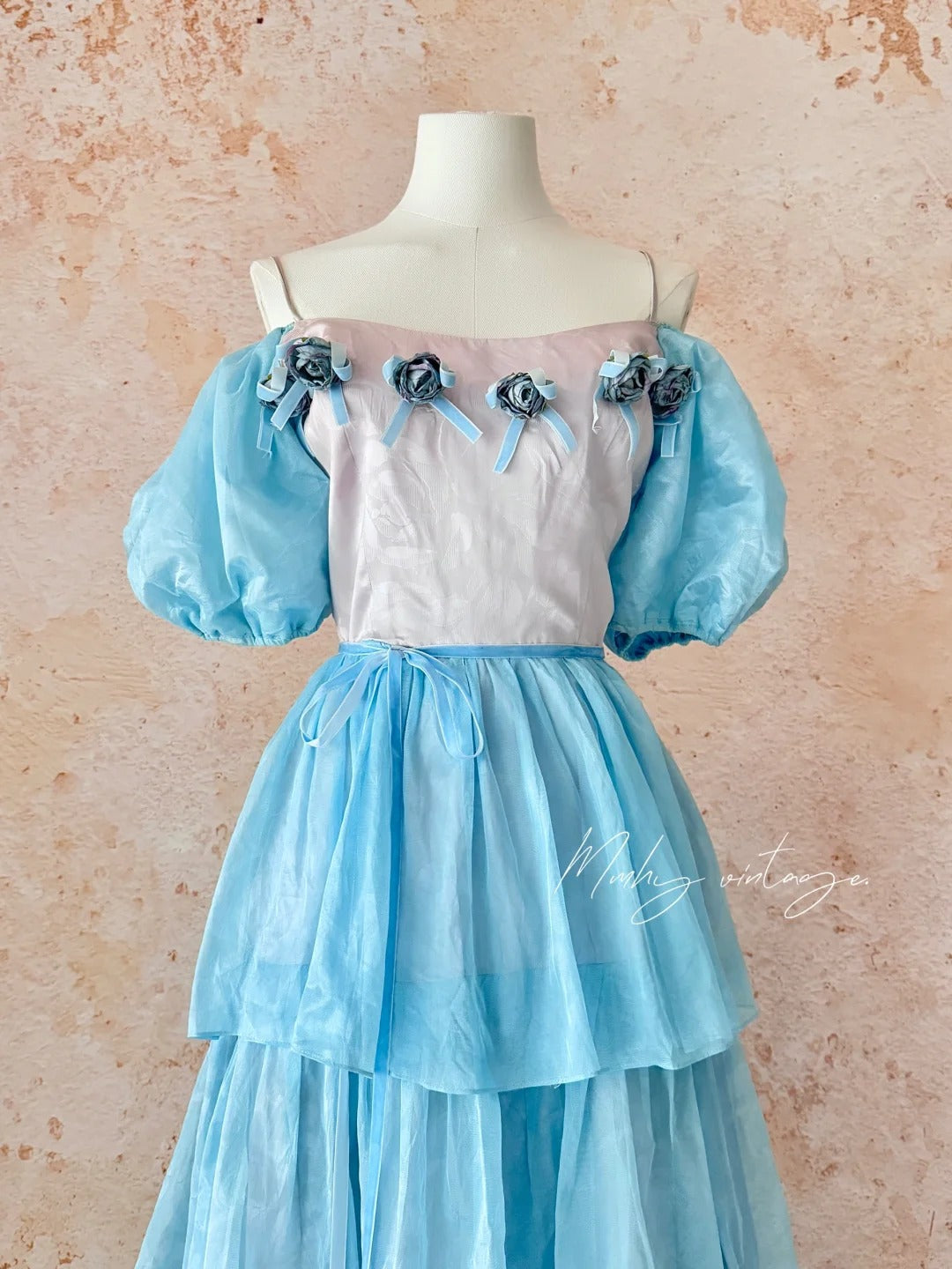 Blue Ice Rose Cake Dress Retro Sweet Cute Fashion Puff Sleeves Ruffle Princess Dress Long Cake Skirt Tulle Chiffon Ball Dress Evening Dress Birthday Adult Ceremony Party Dress nv4091