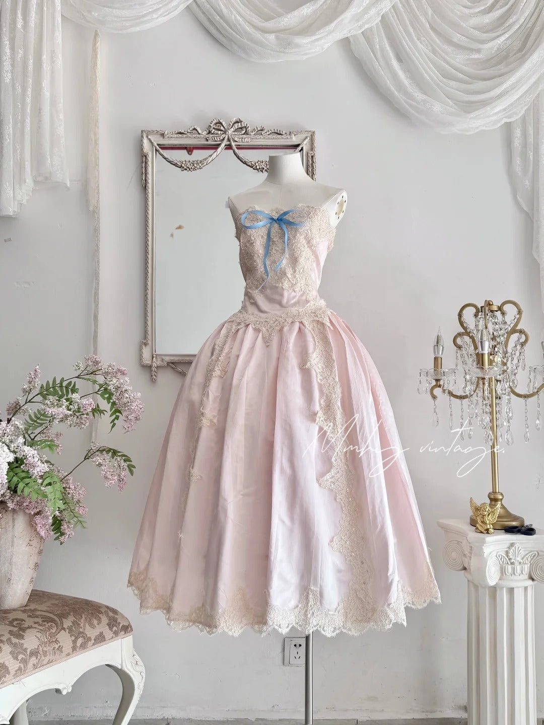 Pink princess exquisite little pearl embellished dress satin A-line floral lace long coming-of-age ceremony birthday sweet little princess prom dress evening dress coming-of-age ceremony birthday dress prom dress nv4084