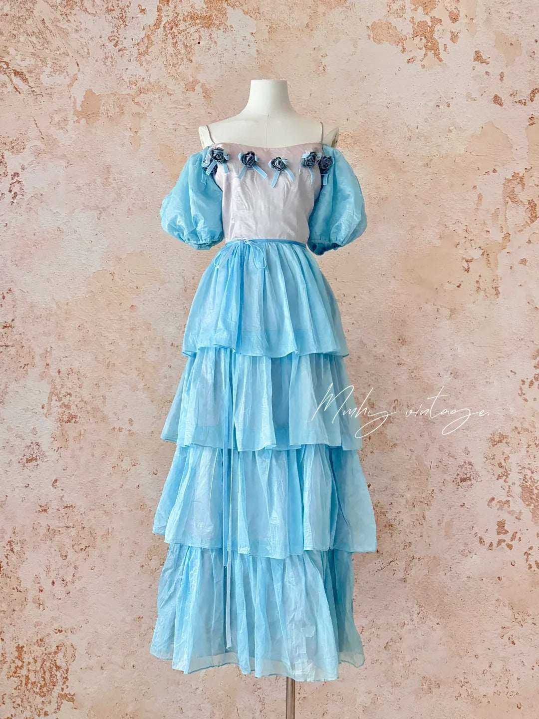 Blue Ice Rose Cake Dress Retro Sweet Cute Fashion Puff Sleeves Ruffle Princess Dress Long Cake Skirt Tulle Chiffon Ball Dress Evening Dress Birthday Adult Ceremony Party Dress nv4091