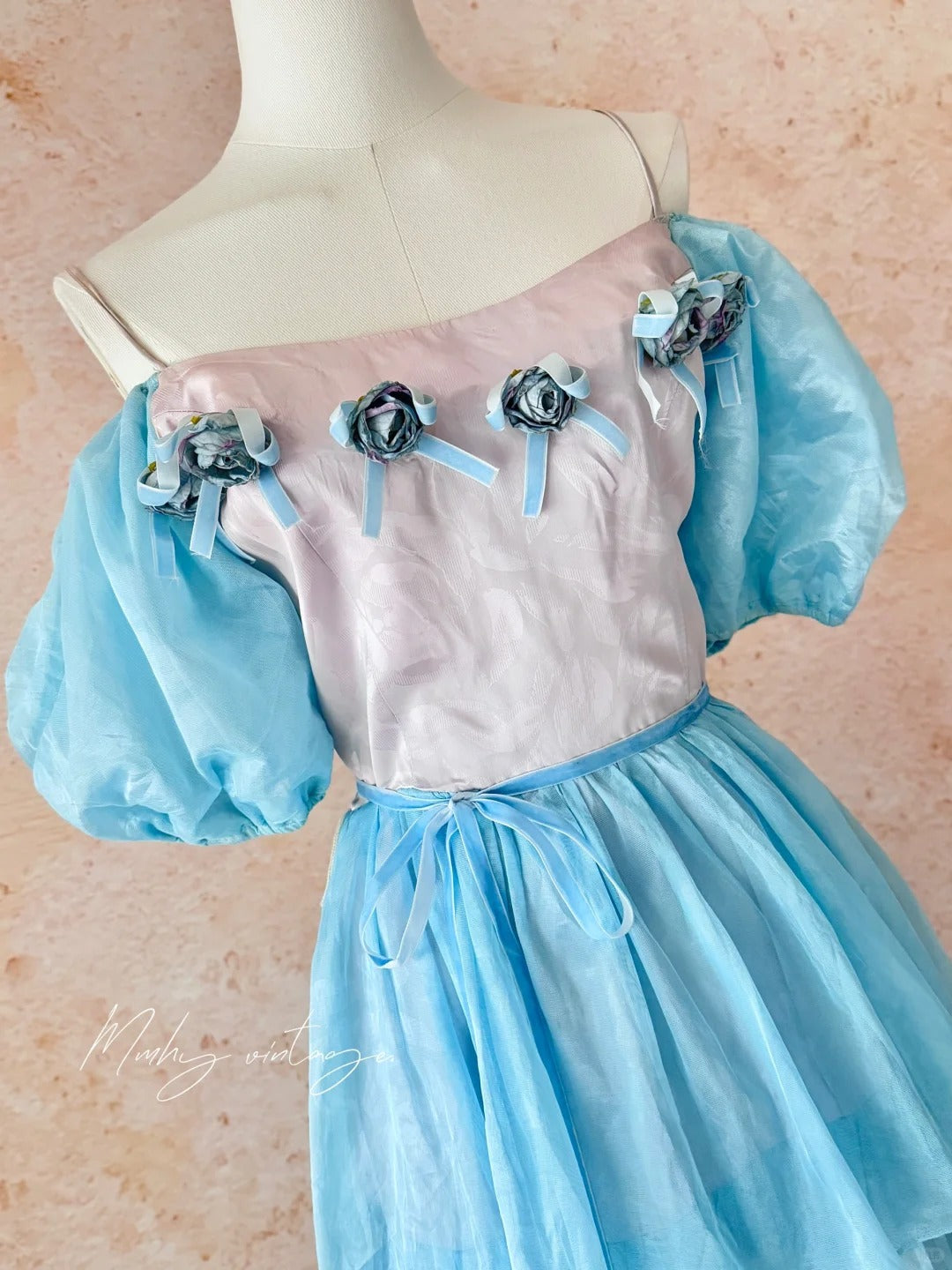 Blue Ice Rose Cake Dress Retro Sweet Cute Fashion Puff Sleeves Ruffle Princess Dress Long Cake Skirt Tulle Chiffon Ball Dress Evening Dress Birthday Adult Ceremony Party Dress nv4091