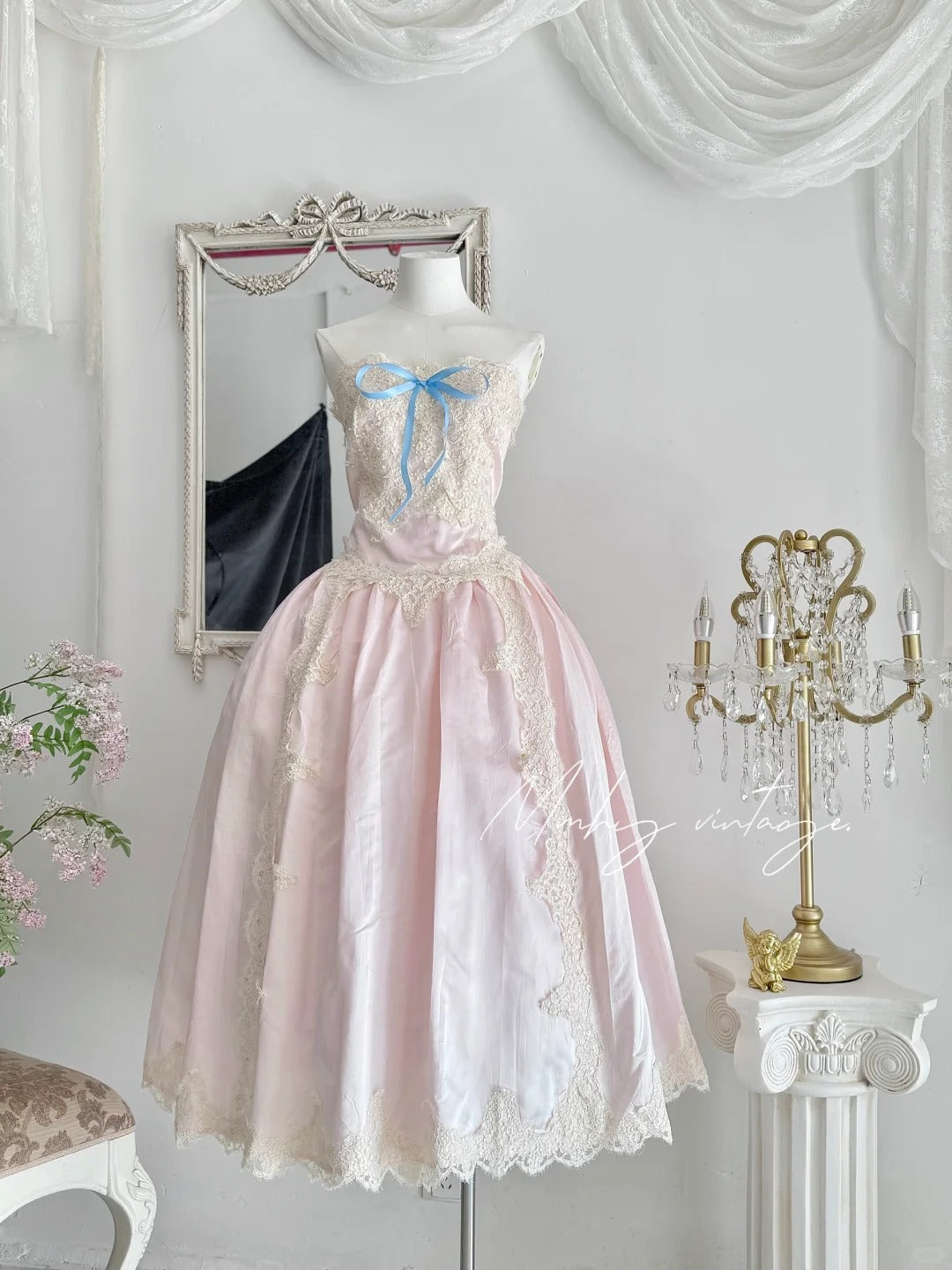 Pink princess exquisite little pearl embellished dress satin A-line floral lace long coming-of-age ceremony birthday sweet little princess prom dress evening dress coming-of-age ceremony birthday dress prom dress nv4084