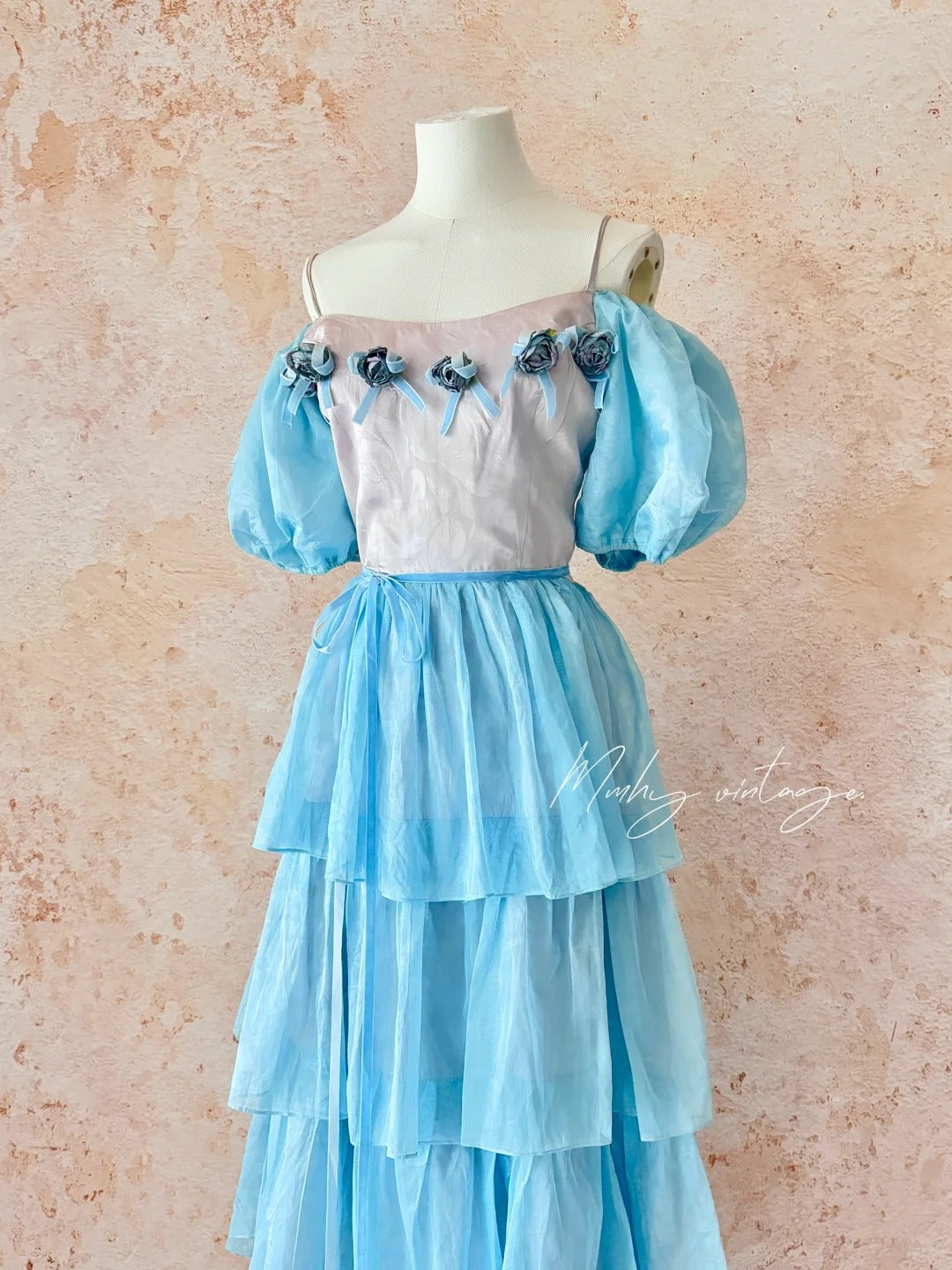 Blue Ice Rose Cake Dress Retro Sweet Cute Fashion Puff Sleeves Ruffle Princess Dress Long Cake Skirt Tulle Chiffon Ball Dress Evening Dress Birthday Adult Ceremony Party Dress nv4091