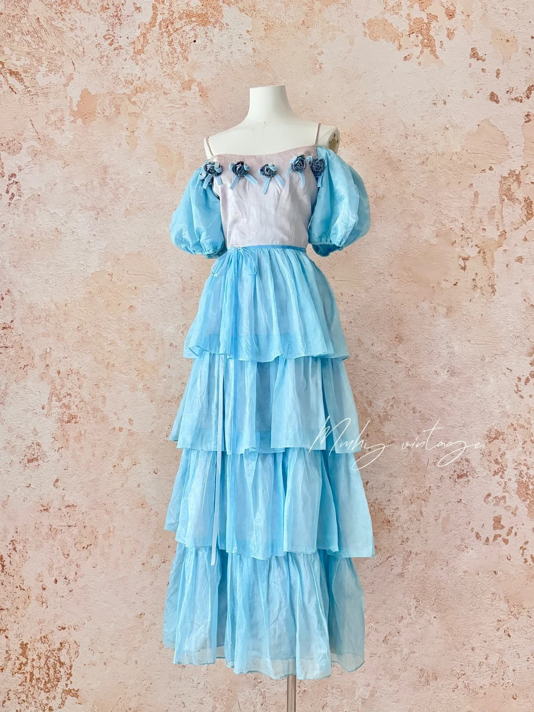 Blue Ice Rose Cake Dress Retro Sweet Cute Fashion Puff Sleeves Ruffle Princess Dress Long Cake Skirt Tulle Chiffon Ball Dress Evening Dress Birthday Adult Ceremony Party Dress nv4091